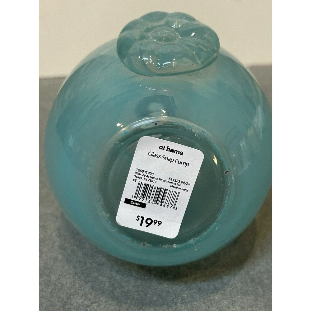 At Home Blue Bunny Glass Soap Dispenser with Polished Metal Pump